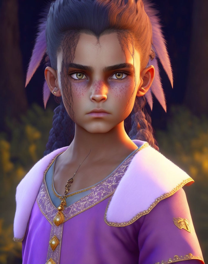 Portrait of young individual with purple eyes, braided hair, elf-like ears, purple & gold outfit