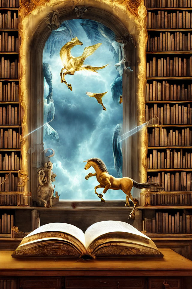 Open book on table reveals magical creatures in grand library with mystical portal.