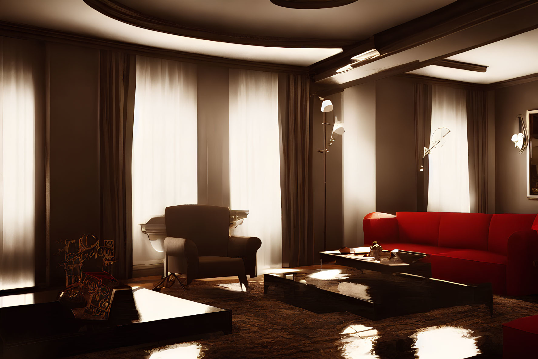 Modern living room with red sofa and glowing lights at dusk