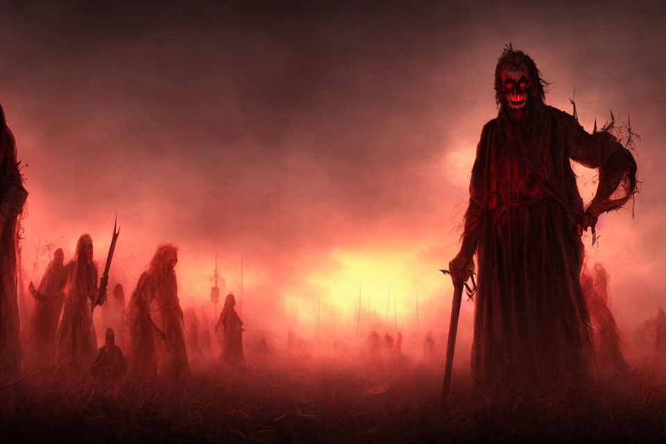 Sinister figures in mist with blood-red sky and menacing entity