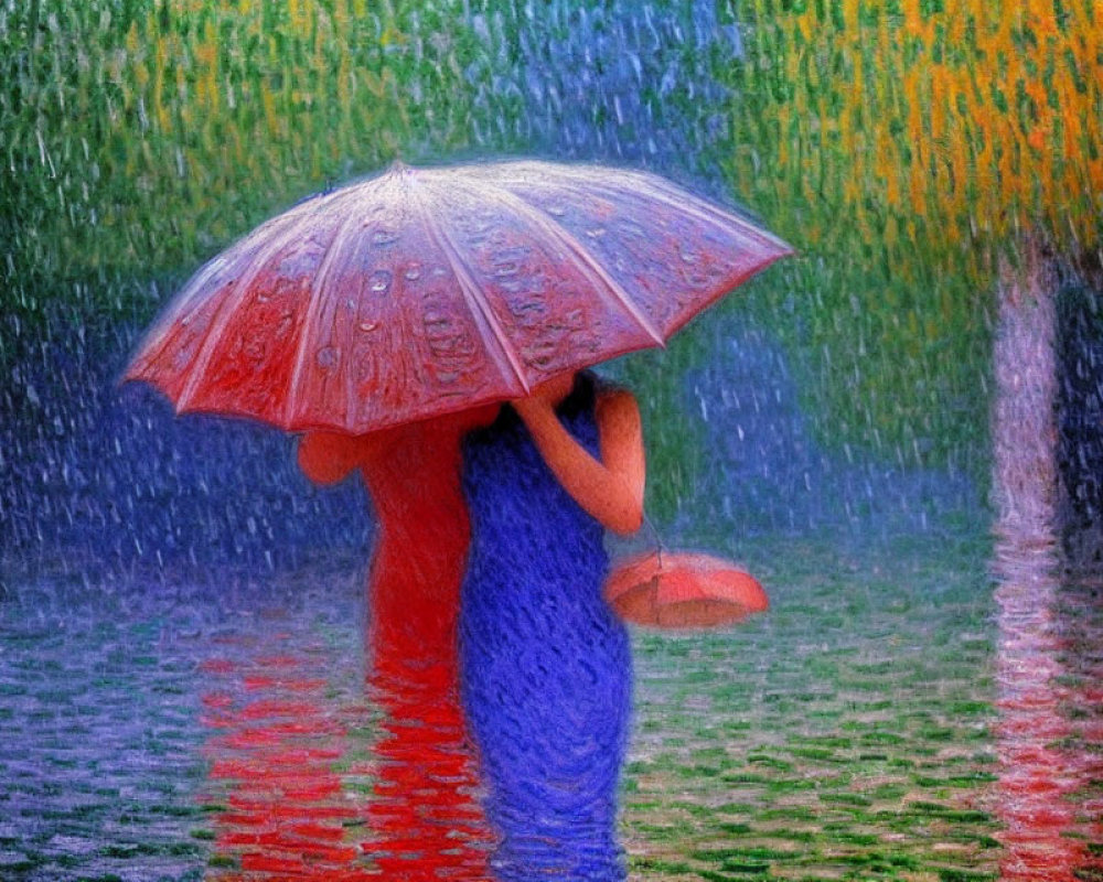 Impressionistic painting of person with red umbrella in rain
