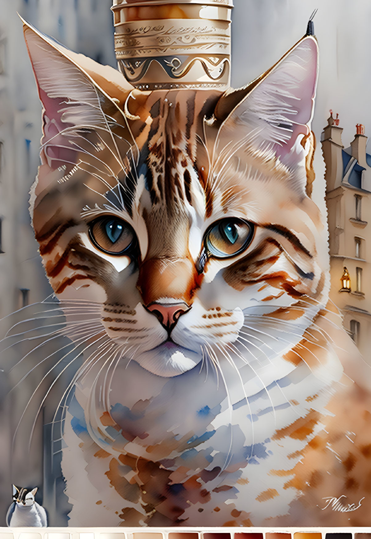 Digital art: Majestic tabby cat with crown overlooking smaller cat and European buildings