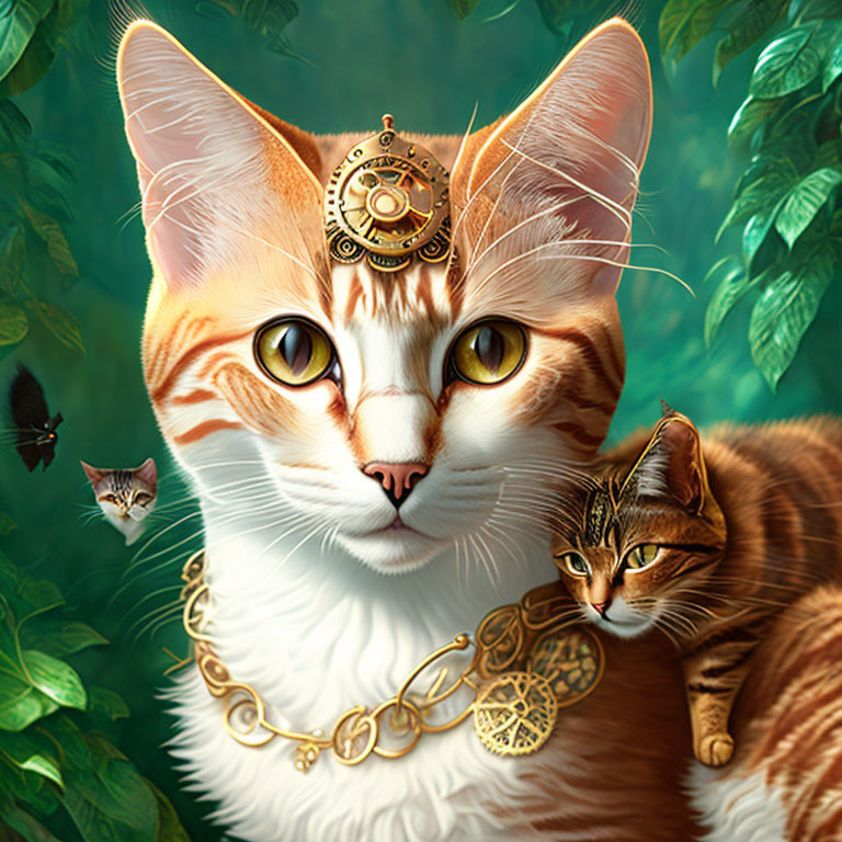Steampunk-style orange-and-white cat with gear chain, next to brown tabby cat in leaf