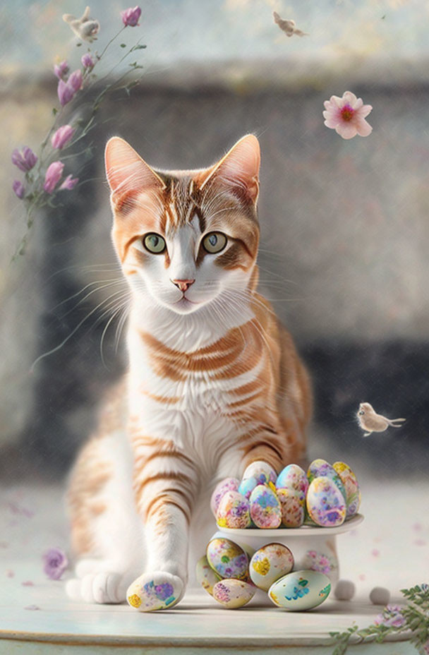 Orange and White Cat with Easter Eggs and Floral Accents