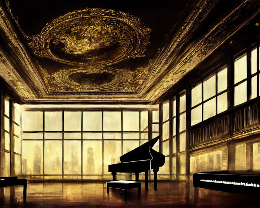 Luxurious Room with Grand Piano, Golden Ceiling, City View, Ambient Light, and Wood Walls