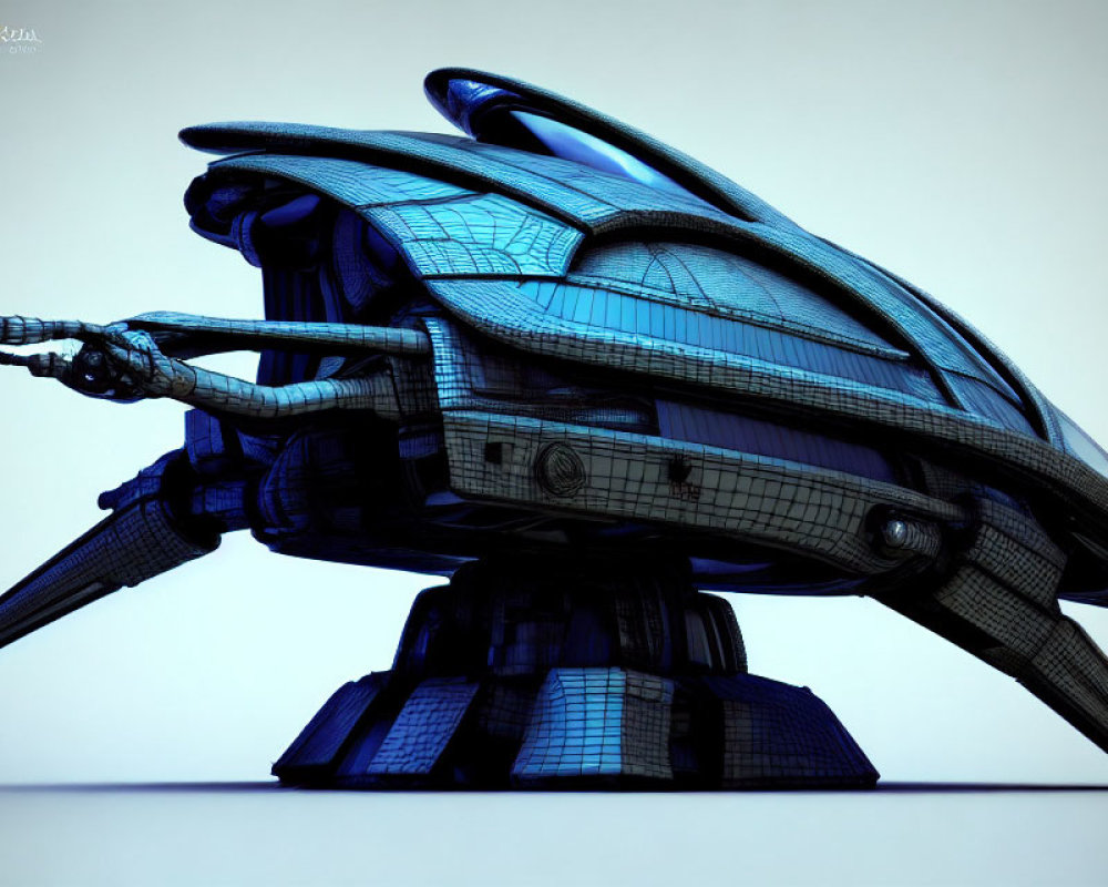 Blue Futuristic Spaceship with Wings, Cockpit, and Cannon