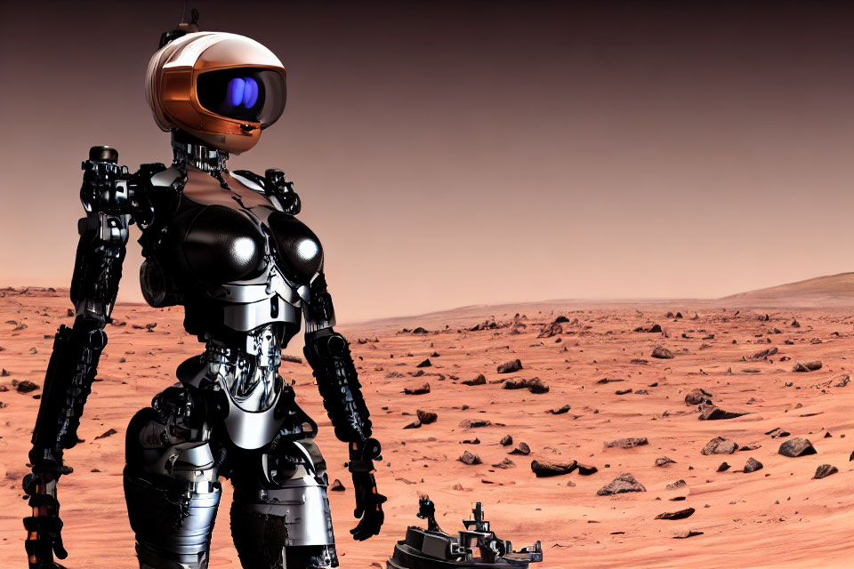 Sleek black-and-silver humanoid robot on Martian surface with purple visor
