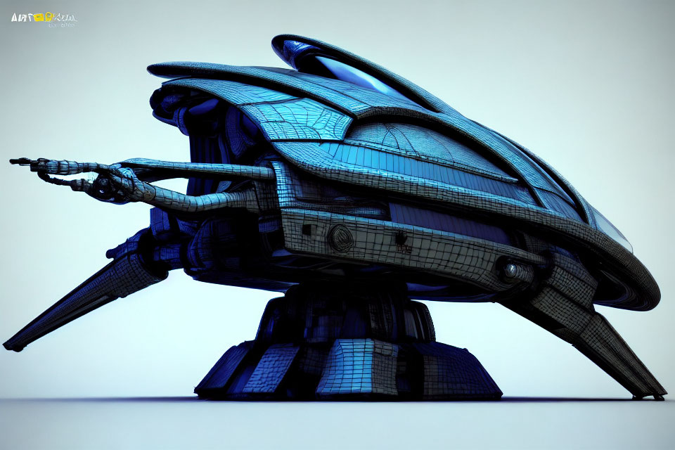 Blue Futuristic Spaceship with Wings, Cockpit, and Cannon