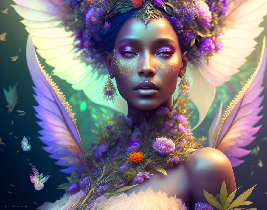 Colorful surreal portrait of a woman with floral and butterfly motifs