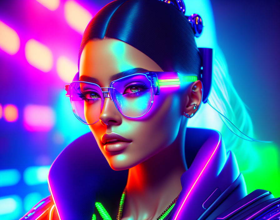 Futuristic digital artwork of woman with sleek hair and glasses