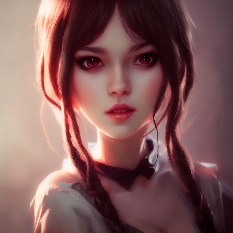 Female character with braided hair, red eyes, and bow tie in digital art