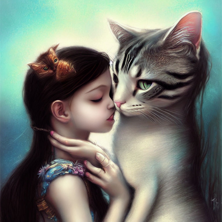 Young girl with grey cat and orange kitten in tender moment
