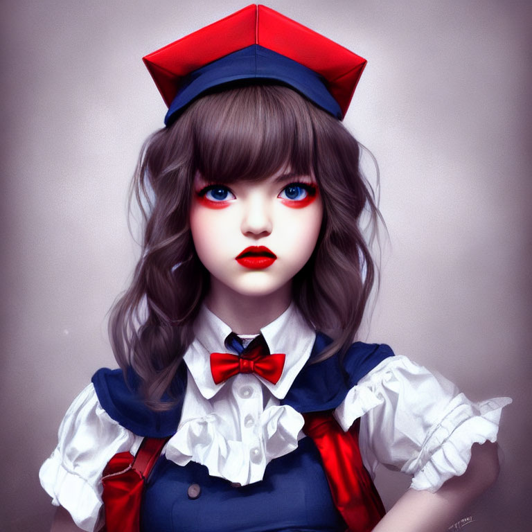Illustration of doll with blue eyes, brown hair, sailor outfit