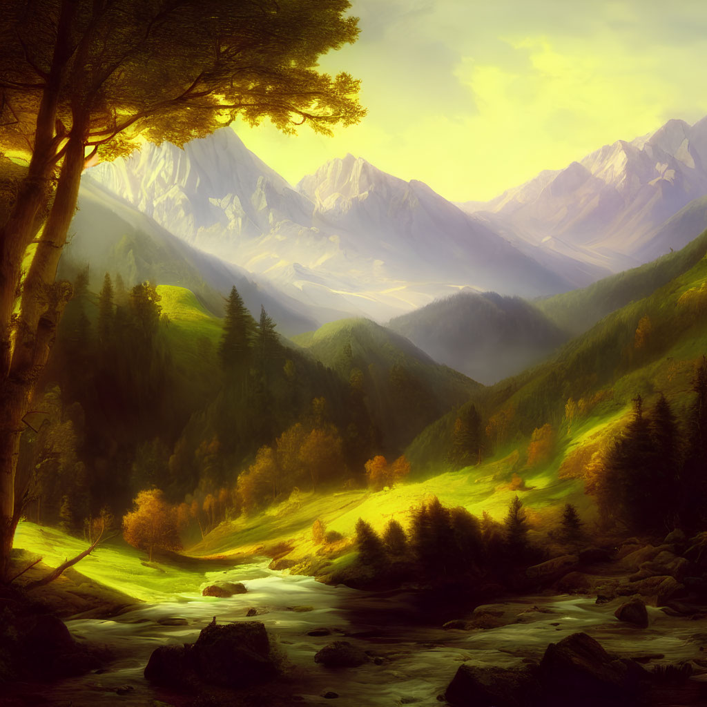 Tranquil landscape with green hills, river, mountains, and golden light