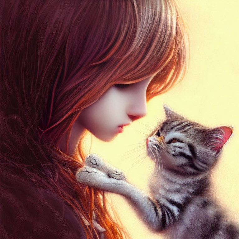 Woman with long brown hair cradling grey striped kitten in heartwarming scene