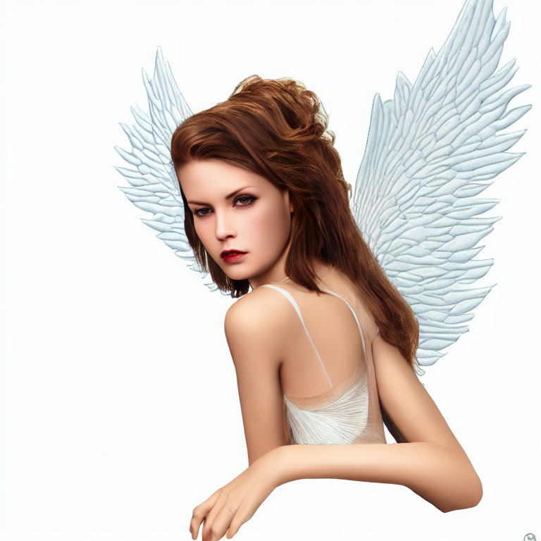 Brown-Haired Woman with Blue Angel Wings in Thoughful Pose