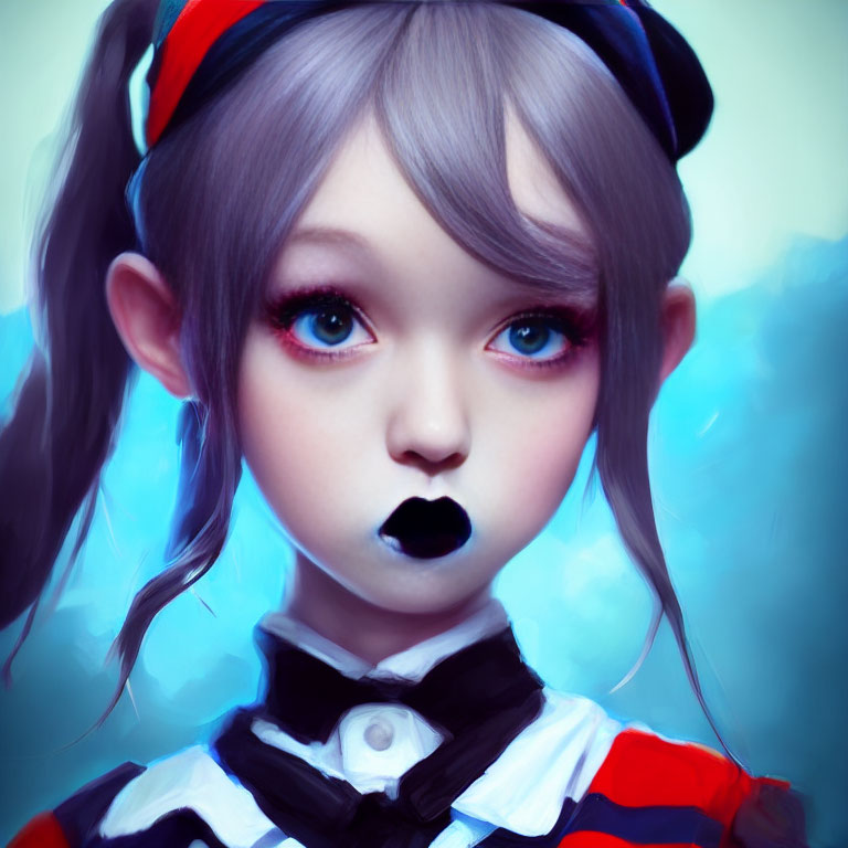 Illustrated portrait of a girl with blue eyes, black lipstick, twin braids, black & white