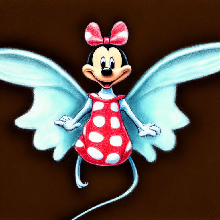Smiling female mouse character in red polka dot dress with fairy wings
