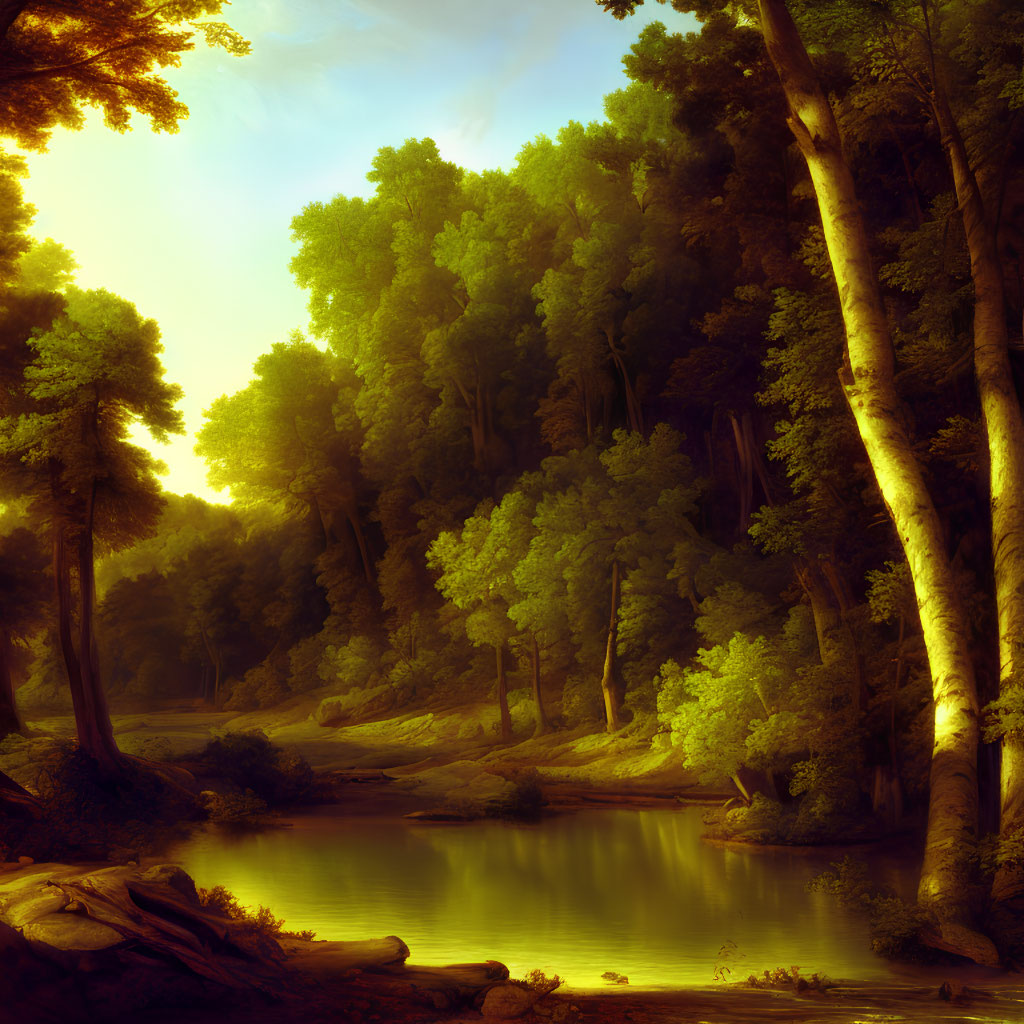 Tranquil forest landscape with tall trees, calm river, and sunlight filtering through foliage