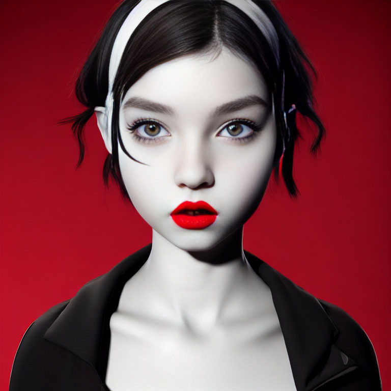 Digital artwork: Woman with red lipstick, pale skin, brown eyes, black top, white headphones on