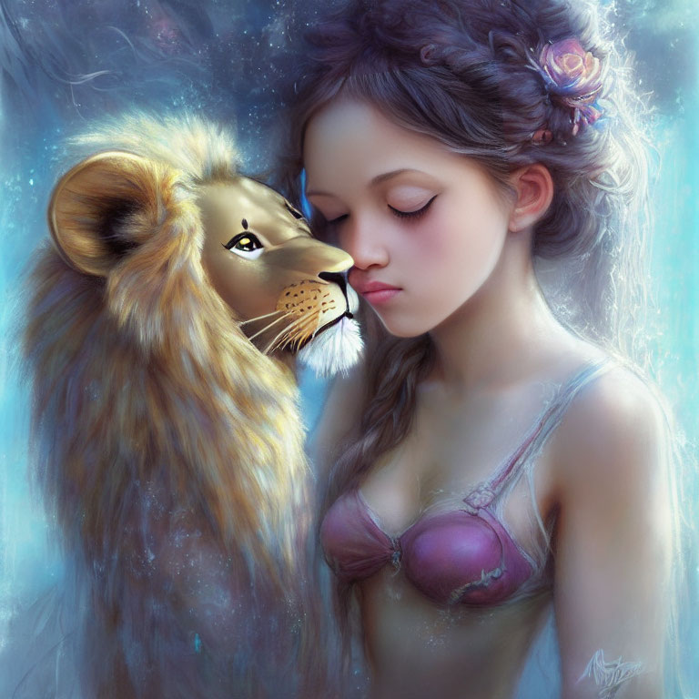 Digital painting of woman and lion in tender moment with calm expressions in ethereal blue glow