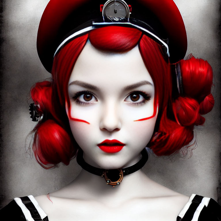Red-haired woman in buns, black and white outfit, choker, and hat on grey background
