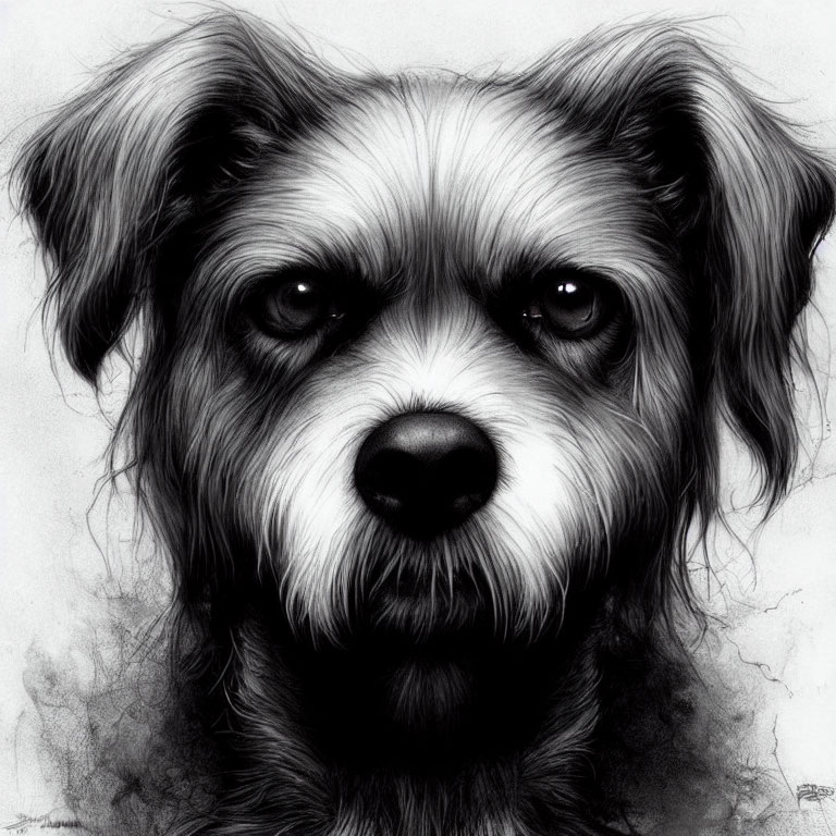 Detailed grayscale drawing of expressive scruffy dog with intricate fur textures