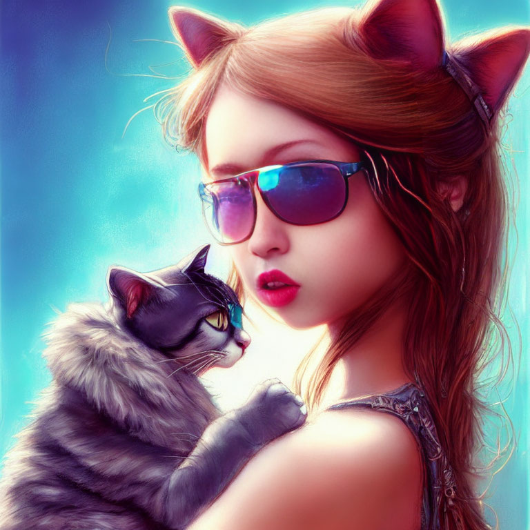 Stylized illustration of girl with cat ears and sunglasses with gray cat on shoulder