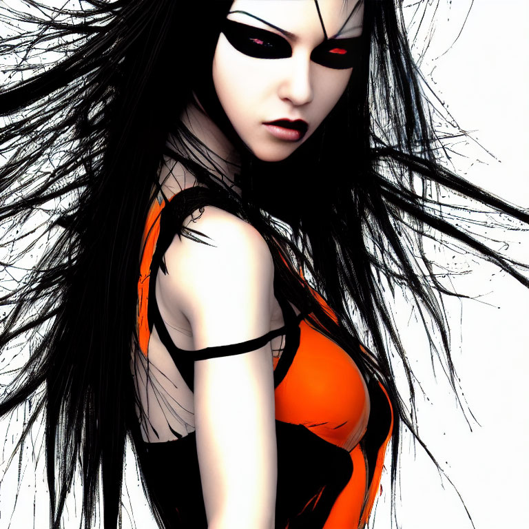 Illustration of Female Character with Pale Skin, Long Black Hair, Red Eyes, Black & Orange Out