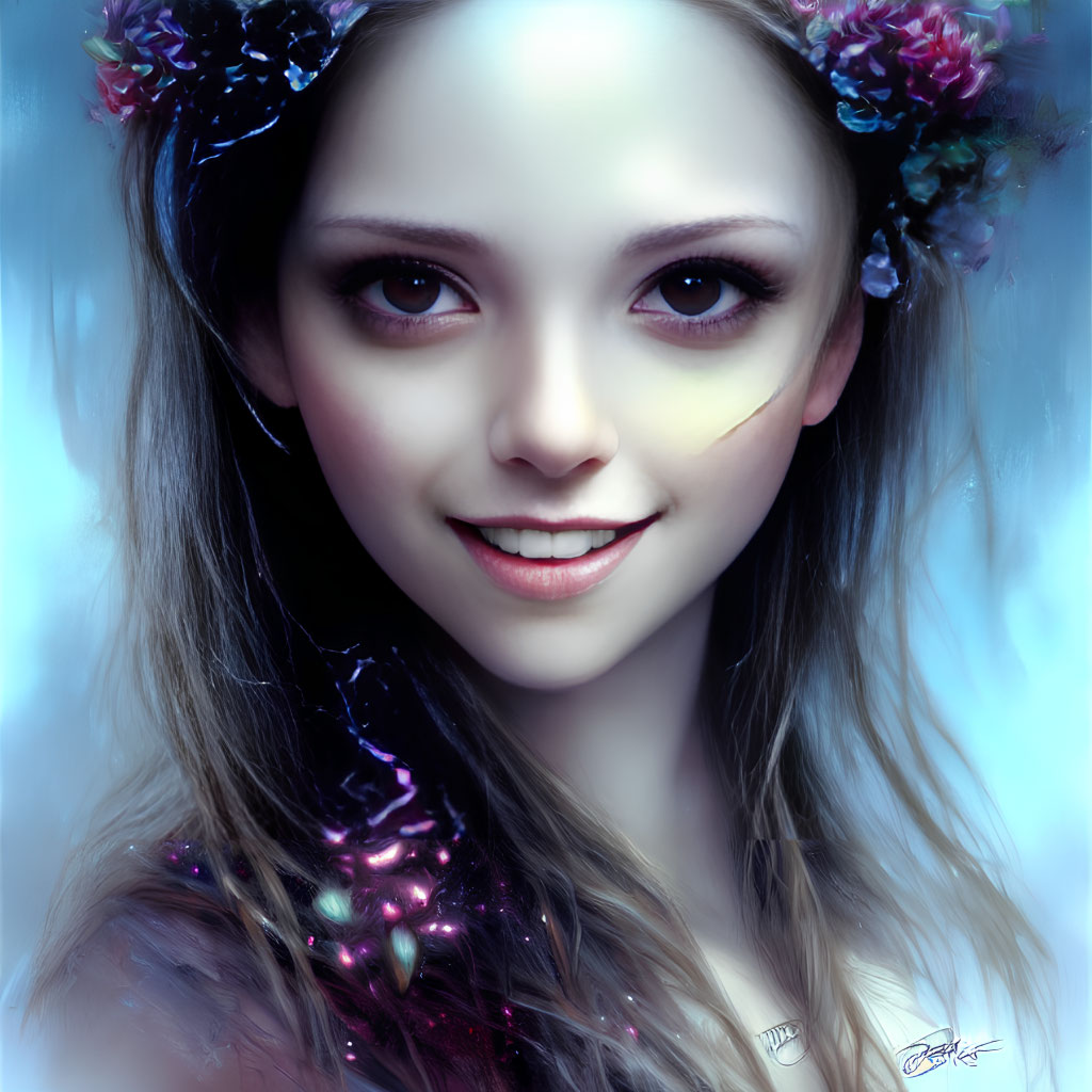 Digital portrait of female with dark eyes and floral headband in whimsical purple garment on blue background
