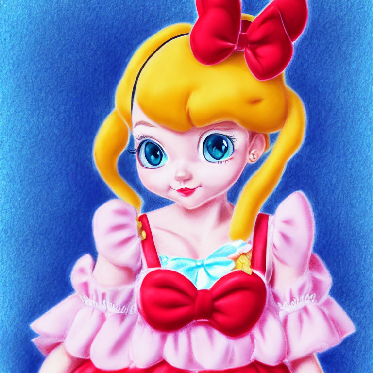Illustration of doll-like girl with big blue eyes, yellow hair, pink dress, and red bow