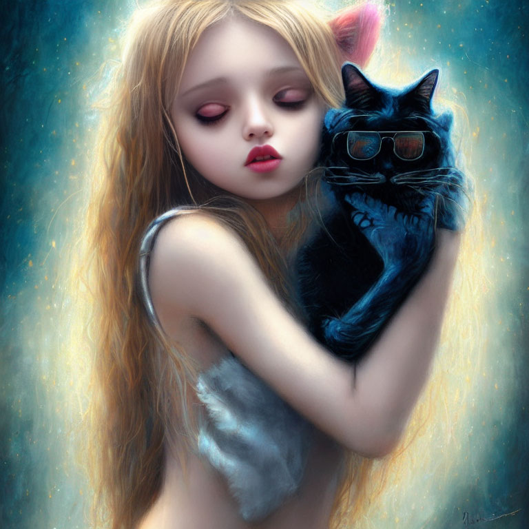 Blonde girl embraces blue cat in twilight setting