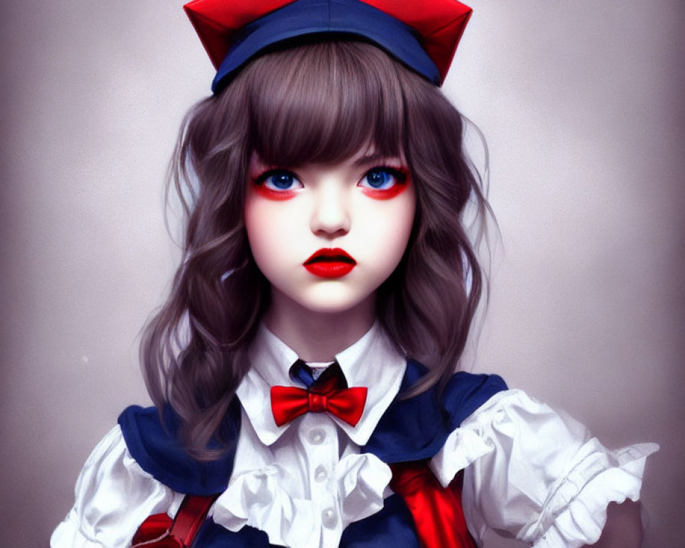 Illustration of doll with blue eyes, brown hair, sailor outfit
