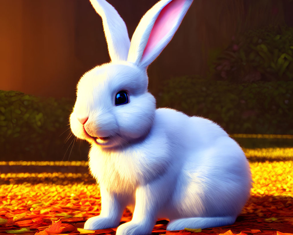 3D-rendered white rabbit with blue eyes in autumn setting