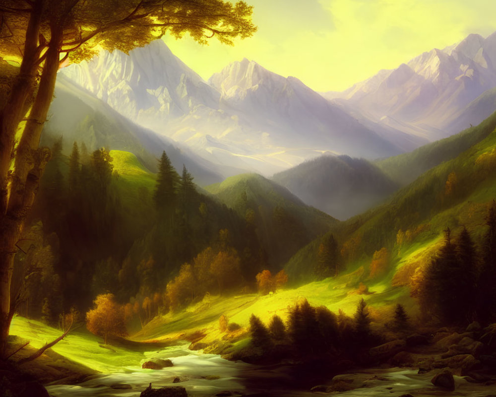 Tranquil landscape with green hills, river, mountains, and golden light