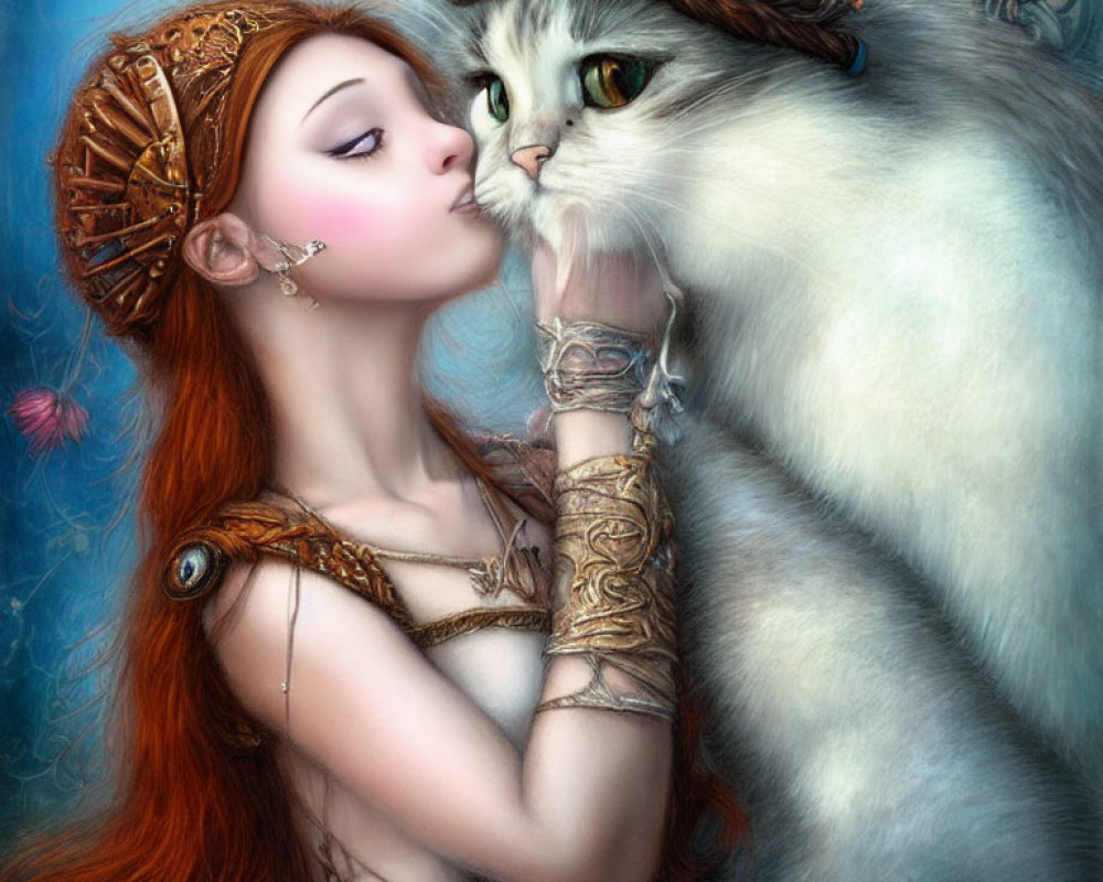 Red-haired woman in medieval dress pets majestic crowned cat