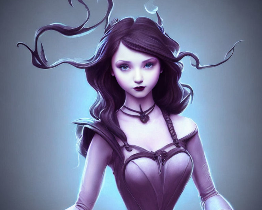 Fantasy female character with dark hair, purple eyes, and medieval violet dress