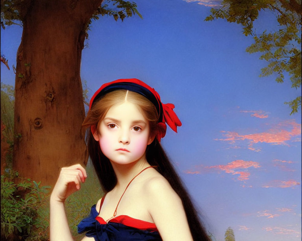 Young girl with long hair and red ribbon posing against tree and sunset sky