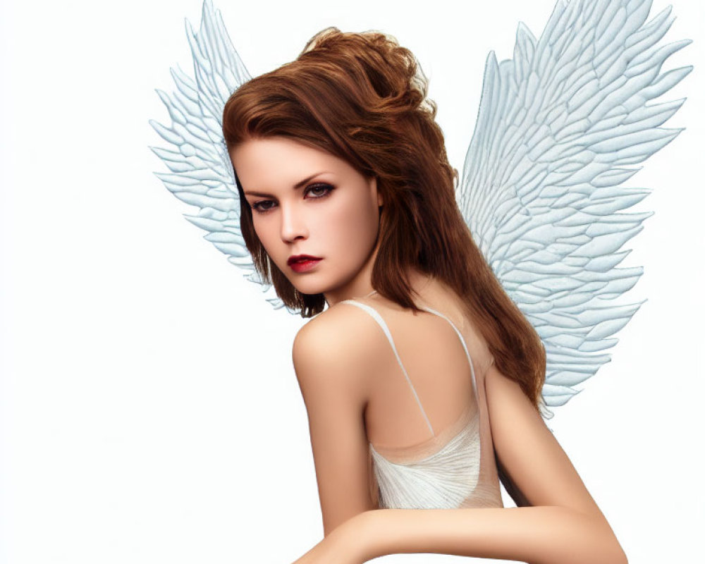 Brown-Haired Woman with Blue Angel Wings in Thoughful Pose