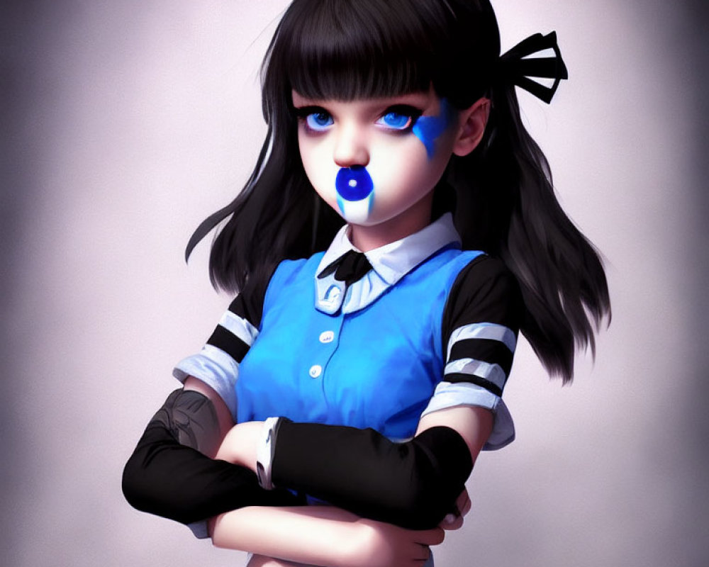 Stylized digital illustration of girl with black hair and blue nose in dark outfit