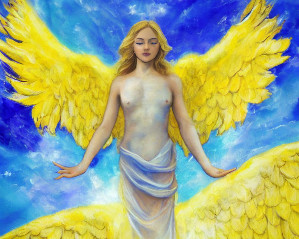 Angelic figure with blue-tinted wings on celestial blue background