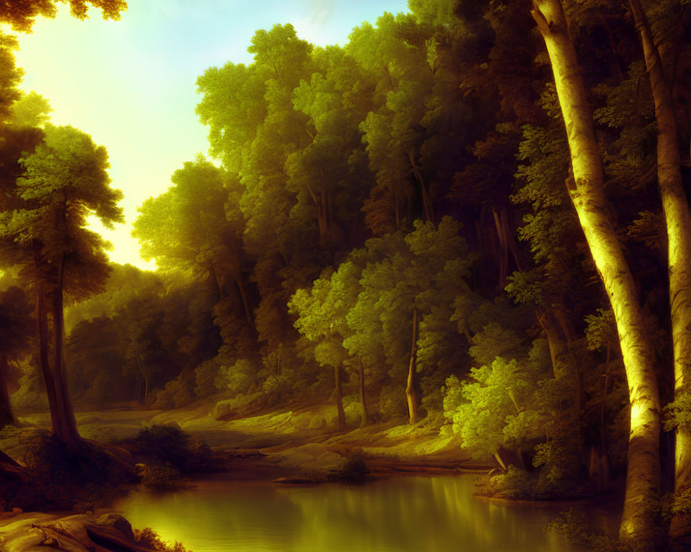 Tranquil forest landscape with tall trees, calm river, and sunlight filtering through foliage