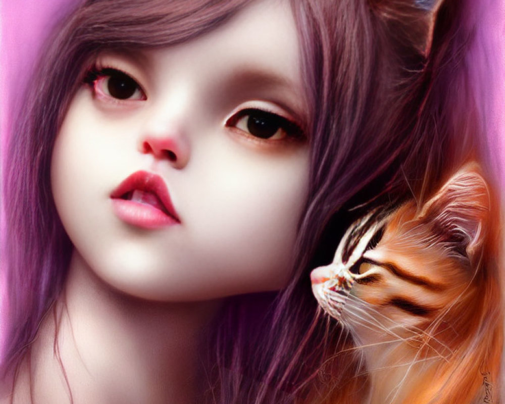 Digital artwork of young girl with cat-like features and large eyes next to orange tabby cat on pink