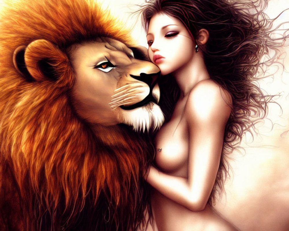 Woman embracing lion in mystical illustration
