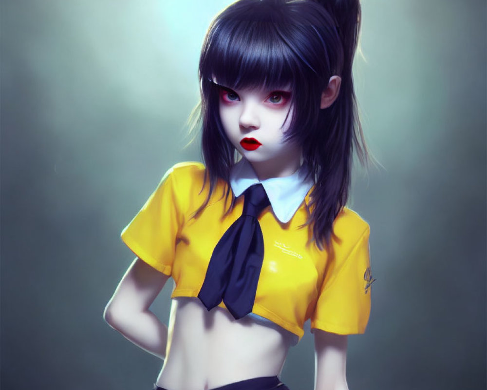 Girl with Large Eyes in Yellow Shirt and Black Skirt Illustration