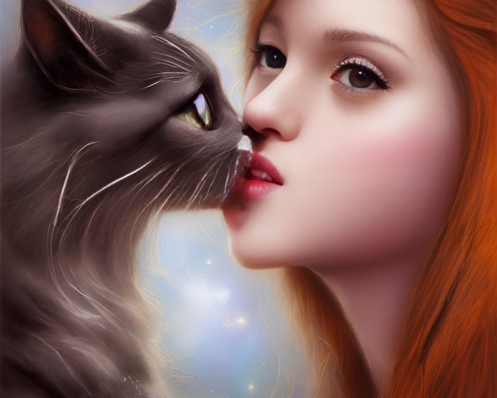 Close-Up Artwork: Woman with Red Hair and Grey Cat Touching Noses on Celestial Background