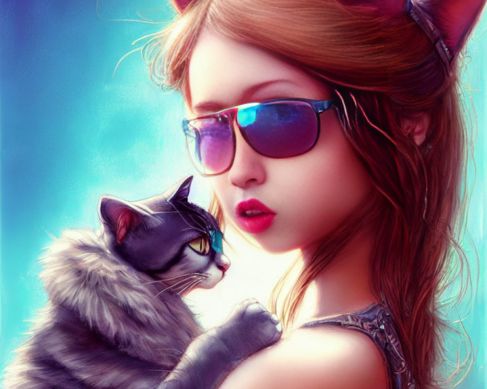Stylized illustration of girl with cat ears and sunglasses with gray cat on shoulder