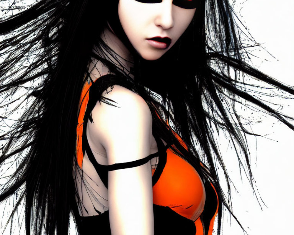 Illustration of Female Character with Pale Skin, Long Black Hair, Red Eyes, Black & Orange Out