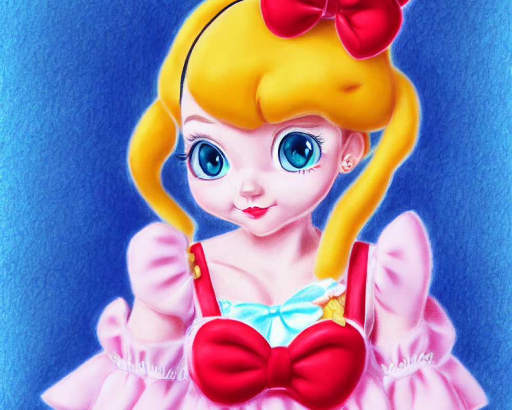 Illustration of doll-like girl with big blue eyes, yellow hair, pink dress, and red bow