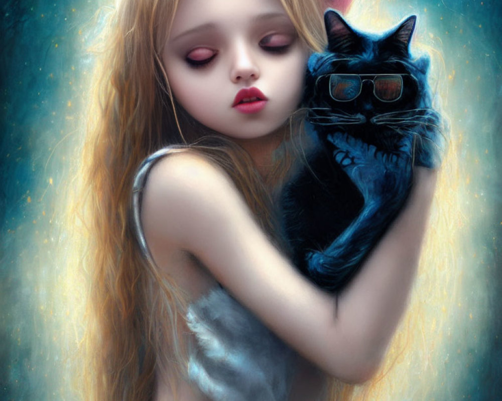 Blonde girl embraces blue cat in twilight setting
